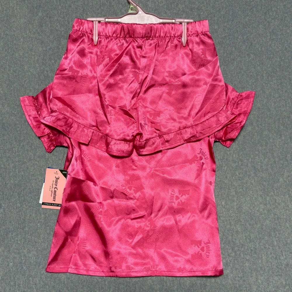 Juicy Couture Girls Pink Satin Pajama Set Scottie Dog Rhinestone 6/6X NEW
